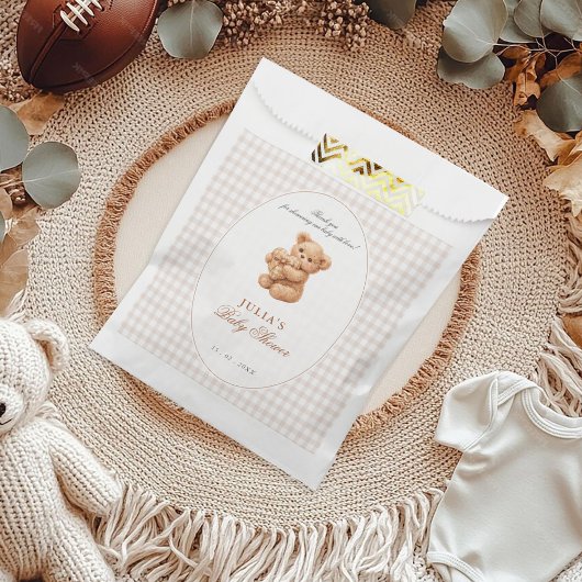 Brown Gingham Teddy Bear Neutral Baby Shower Paper Geschenktütchen