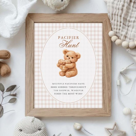 Brown Gingham Teddy Bear Neutral Baby Shower Paper Poster