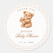 Brown Gingham Teddy Bear Neutral Baby Shower Paper Runder Aufkleber (Vorderseite)