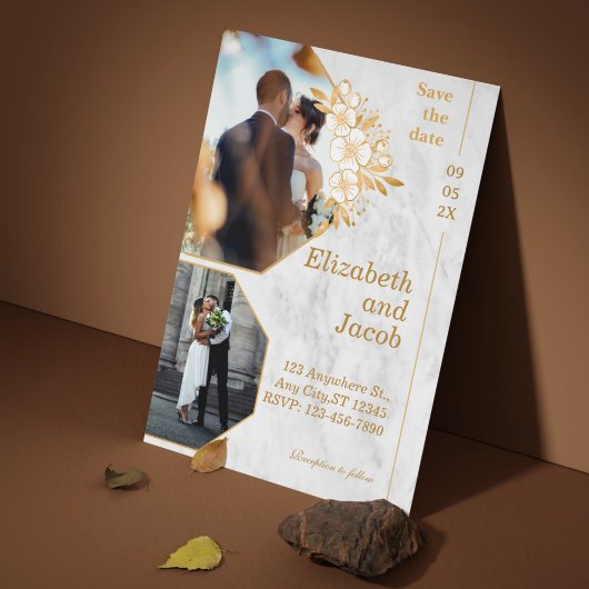 Brown Gold Floral Foto Save the Date Einladung
