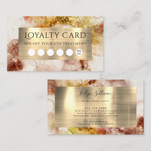 Brown Gold Glitzer Watercolor Loyalty Card Visitenkarte (Vorne/Hinten)