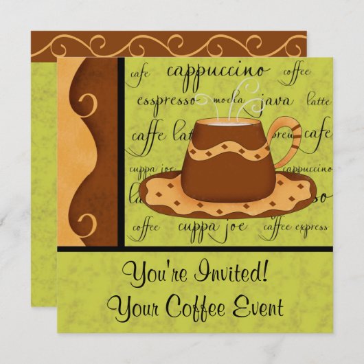 Brown Gold Green Checkerboard Kaffee Cup Art Einladung (Vorne/Hinten)