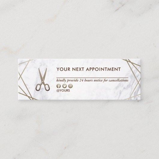 Brown-Gold Scissors Marmorhairstylist-Verabredung Mini Visitenkarte (Vorderseite)