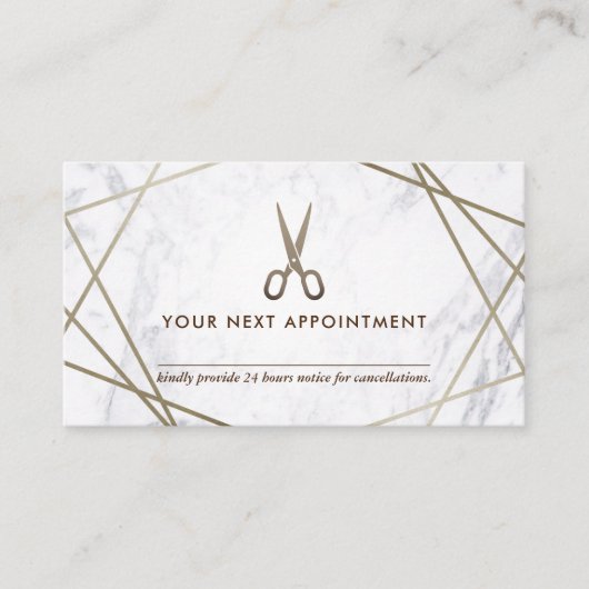 Brown-Gold Scissors Marmorhairstylist-Verabredung Visitenkarte (Vorderseite)