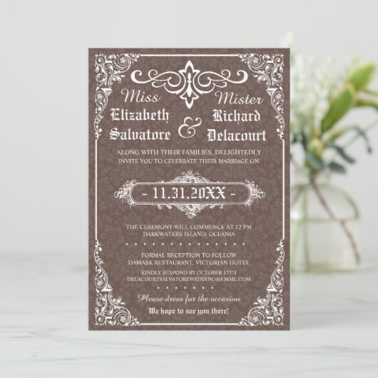 Brown Gothic Viktorianisch Damask Wedding Invites Einladung (Stehend Vorderseite)