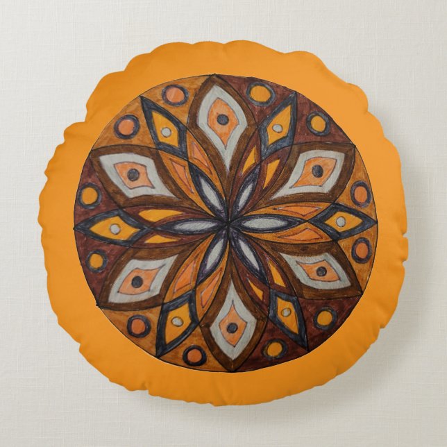 Brown/Gray Starburst Mandala Round Throw Pillow Rundes Kissen (Vorderseite)