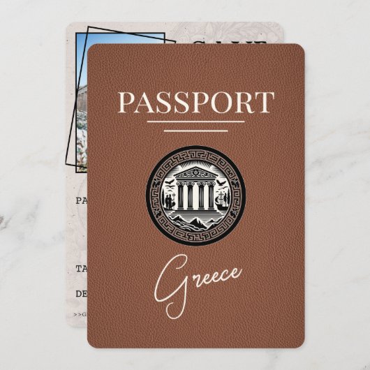 Brown Greece Passport Save the Date Card (Vorne/Hinten)