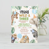 Brown Green Blue Young Wild Three 3rd Birthday Einladung (Stehend Vorderseite)