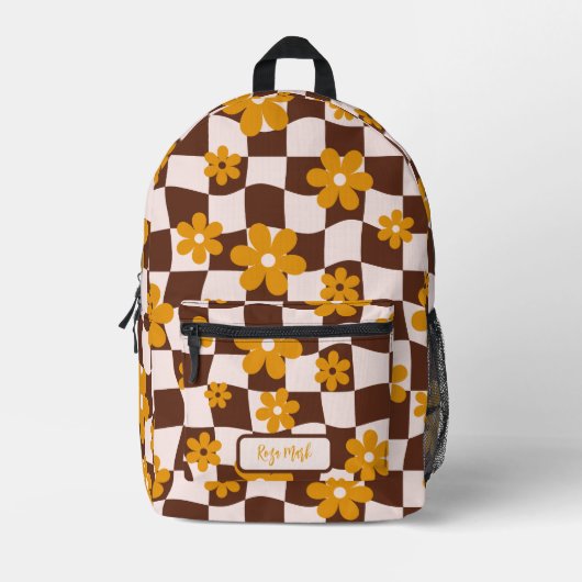 Brown Groovy Daisy Floral Checkerboard Bedruckter Rucksack (Vorderseite)