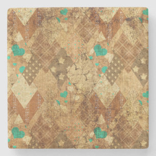 Brown Grunge Quilt Stars Herz Steinuntersetzer
