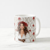 Brown Hair Female Roses Wreath Faux Wood Floral Kaffeetasse (VorderseiteRechts)