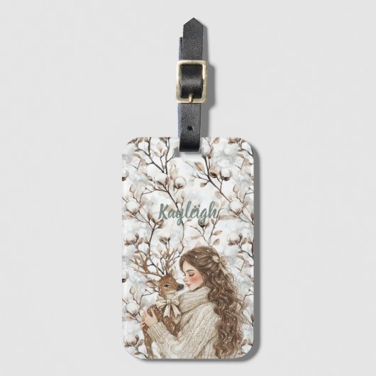 Brown Hair Girl with Deer Gepäckanhänger (Vorderseite Vertikal)