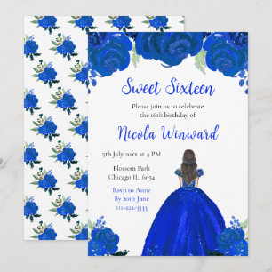 Brown Hair Princess Blue Floral 16 . Geburtstag Einladung