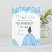 Brown Hair Princess Blue Floral Birthday Party Dankeskarte (Stehend Vorderseite)
