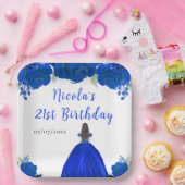 Brown Hair Princess Blue Floral Birthday Party Pappteller (Party)