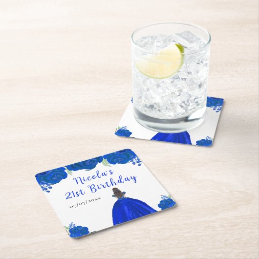 Brown Hair Princess Blue Floral Birthday Party Rechteckiger Pappuntersetzer (Vor Ort)