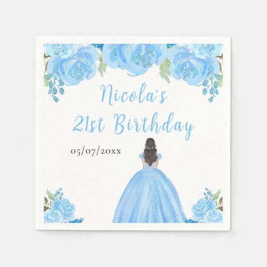 Brown Hair Princess Blue Floral Birthday Party Serviette (Vorderseite)