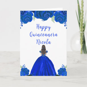 Brown Hair Princess Blue Floral Quinceanera Karte