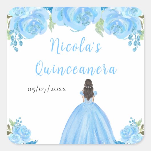 Brown Hair Princess Blue Floral Quinceanera Quadratischer Aufkleber (Vorderseite)