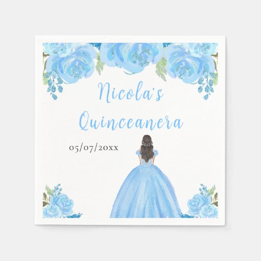 Brown Hair Princess Blue Floral Quinceanera Serviette (Vorderseite)