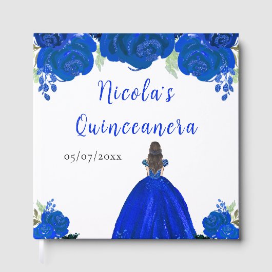 Brown Hair Princess Blue Quinceanera Guest Book Gästebuch (Vorderseite)