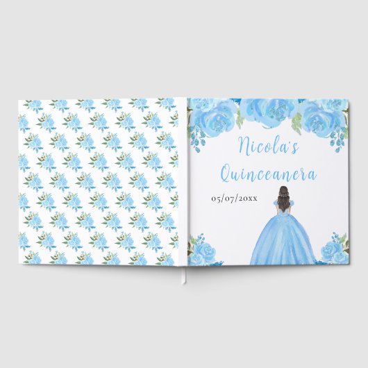 Brown Hair Princess Blue Quinceanera Guest Book Gästebuch (Voll)