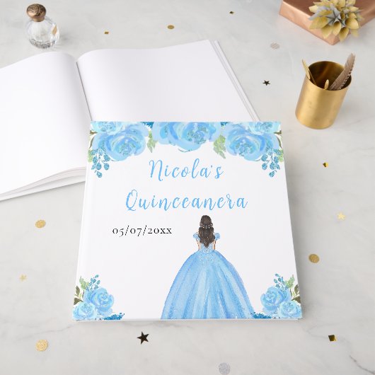 Brown Hair Princess Blue Quinceanera Guest Book Gästebuch (Vorderseite offen)