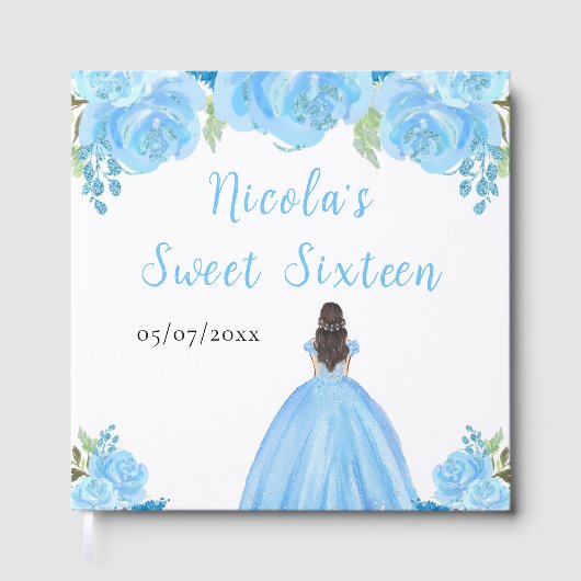 Brown Hair Princess Blue Sweet Sixteen Guest Book Gästebuch (Vorderseite)