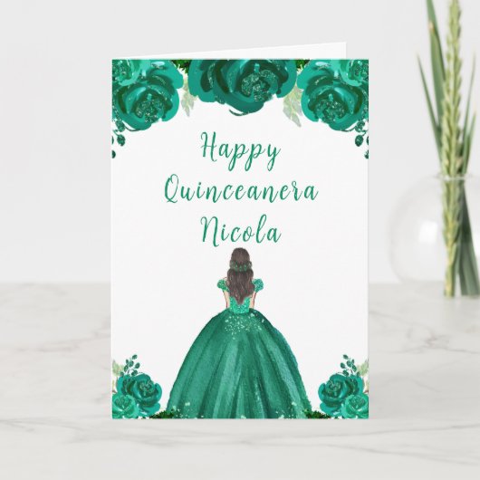 Brown Hair Princess Green Floral Quinceanera Karte (Vorderseite)
