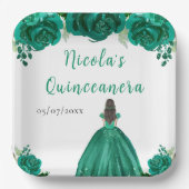 Brown Hair Princess Green Floral Quinceanera Pappteller (Vorderseite)