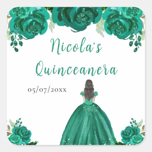Brown Hair Princess Green Floral Quinceanera Quadratischer Aufkleber (Vorderseite)
