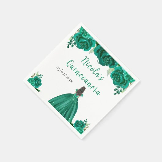 Brown Hair Princess Green Floral Quinceanera Serviette (Ecke)