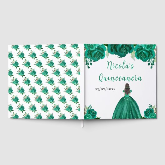 Brown Hair Princess Green Quinceanera Guest Book Gästebuch (Voll)