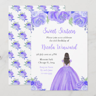 Brown Hair Princess Lila Floral 16 . Geburtstag Einladung