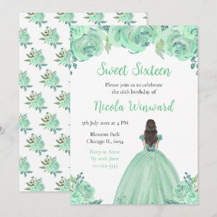Brown Hair Princess Mincess Floral 16 . Geburtstag Einladung