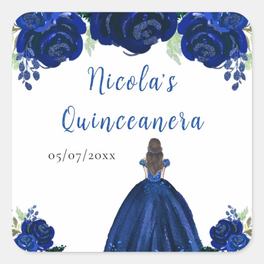 Brown Hair Princess Navy Floral Quinceanera Quadratischer Aufkleber (Vorderseite)
