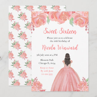 Brown Hair Princess Pink Floral 16 . Geburtstag Einladung