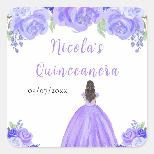 Brown Hair Princess Purple Floral Quinceanera Quadratischer Aufkleber (Vorderseite)
