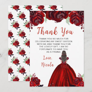 Brown Hair Princess Red Floral 16 . Geburtstag Dankeskarte