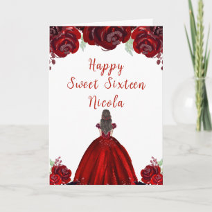 Brown Hair Princess Red Floral 16 . Geburtstag Karte