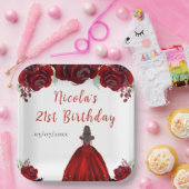 Brown Hair Princess Red Floral Birthday Pappteller (Party)