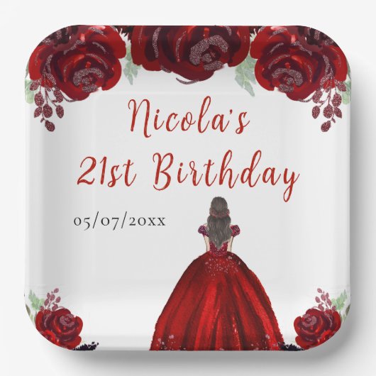 Brown Hair Princess Red Floral Birthday Pappteller (Vorderseite)
