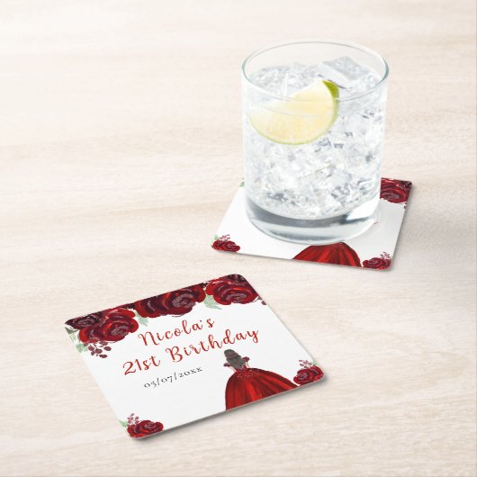 Brown Hair Princess Red Floral Birthday Rechteckiger Pappuntersetzer (Vor Ort)