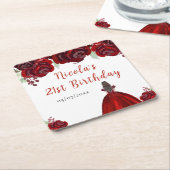 Brown Hair Princess Red Floral Birthday Rechteckiger Pappuntersetzer (angewinkelt)