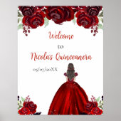 Brown Hair Princess Red Floral Quinceanera Willkom Poster (Vorne)