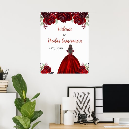 Brown Hair Princess Red Floral Quinceanera Willkom Poster (Heimbüro)
