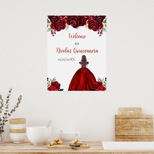 Brown Hair Princess Red Floral Quinceanera Willkom Poster (Küche)