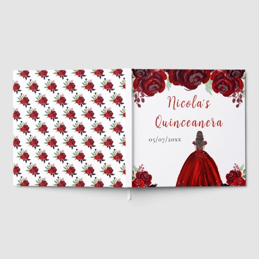Brown Hair Princess Red Quinceanera Guest Book Gästebuch (Voll)