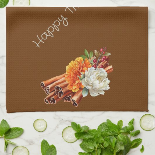 Brown Happy Thanksgiving Cinnamon Sticks Floral Geschirrtuch (Gefaltet)