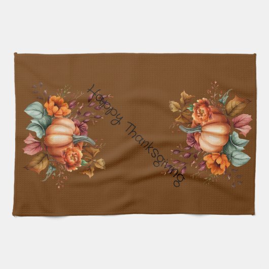 Brown Happy Thanksgiving Pumpkin Fall Blume Geschirrtuch (Horizontal)